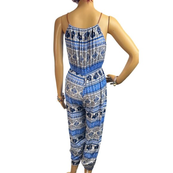 Feather Tassel Boho Elephant Print Halter Jumpsuit in Blue/White Size Small - Picture 4 of 7